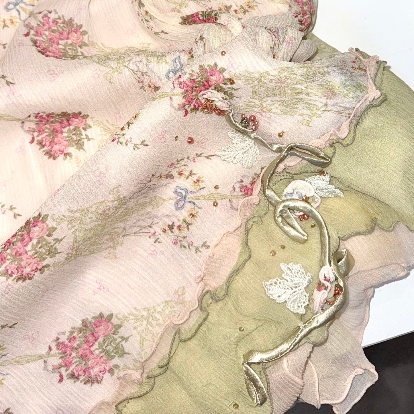 Soft pink green embroidered floral lace skirt