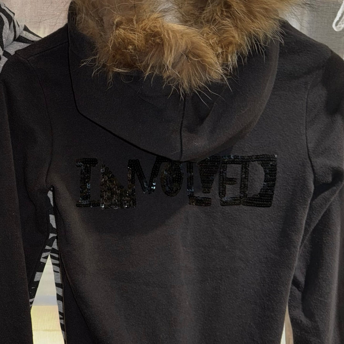 Sword Fish black embroidered zip up furry hoodie