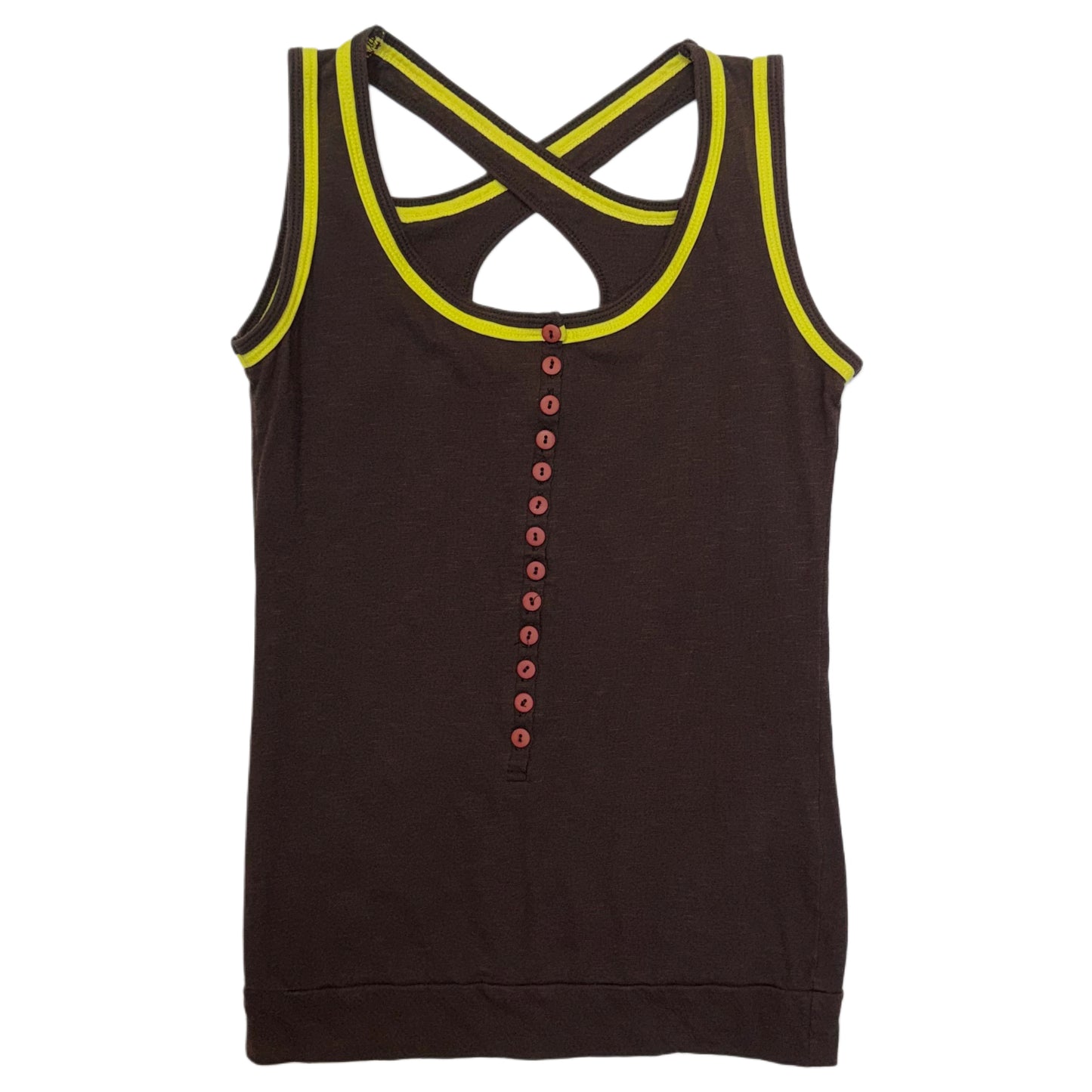 Brown button yellow trim top