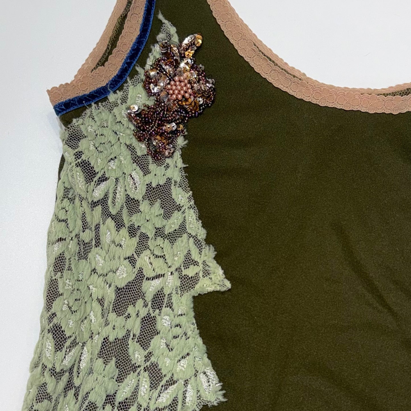 Green lace trim embroidered top