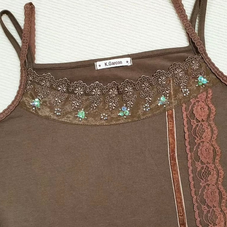 Brown lace embroidered tank