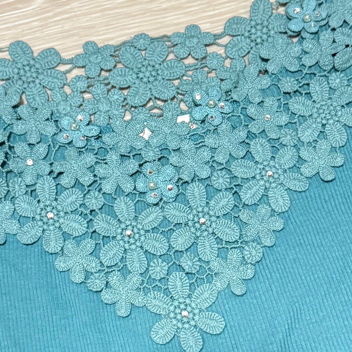 Axes teal floral lace tank with pearl detail