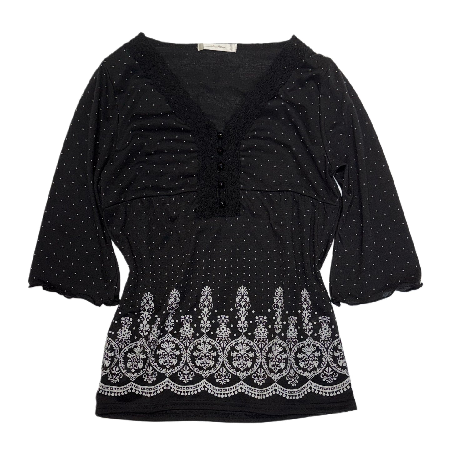 Black polka dot v-neck lace top with three quarter sleeve