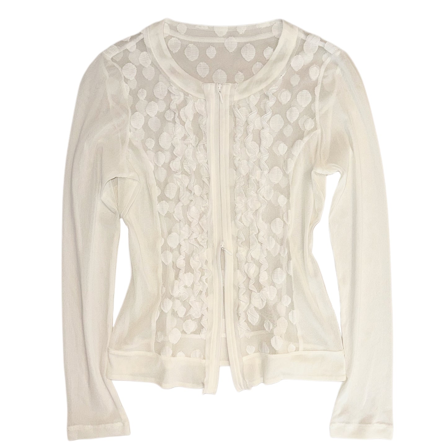Ivory polka dot ruffle double zip mesh shirt