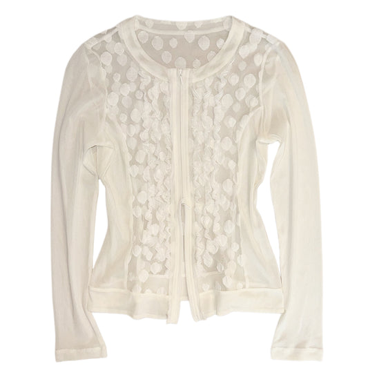 Ivory polka dot ruffle double zip mesh shirt