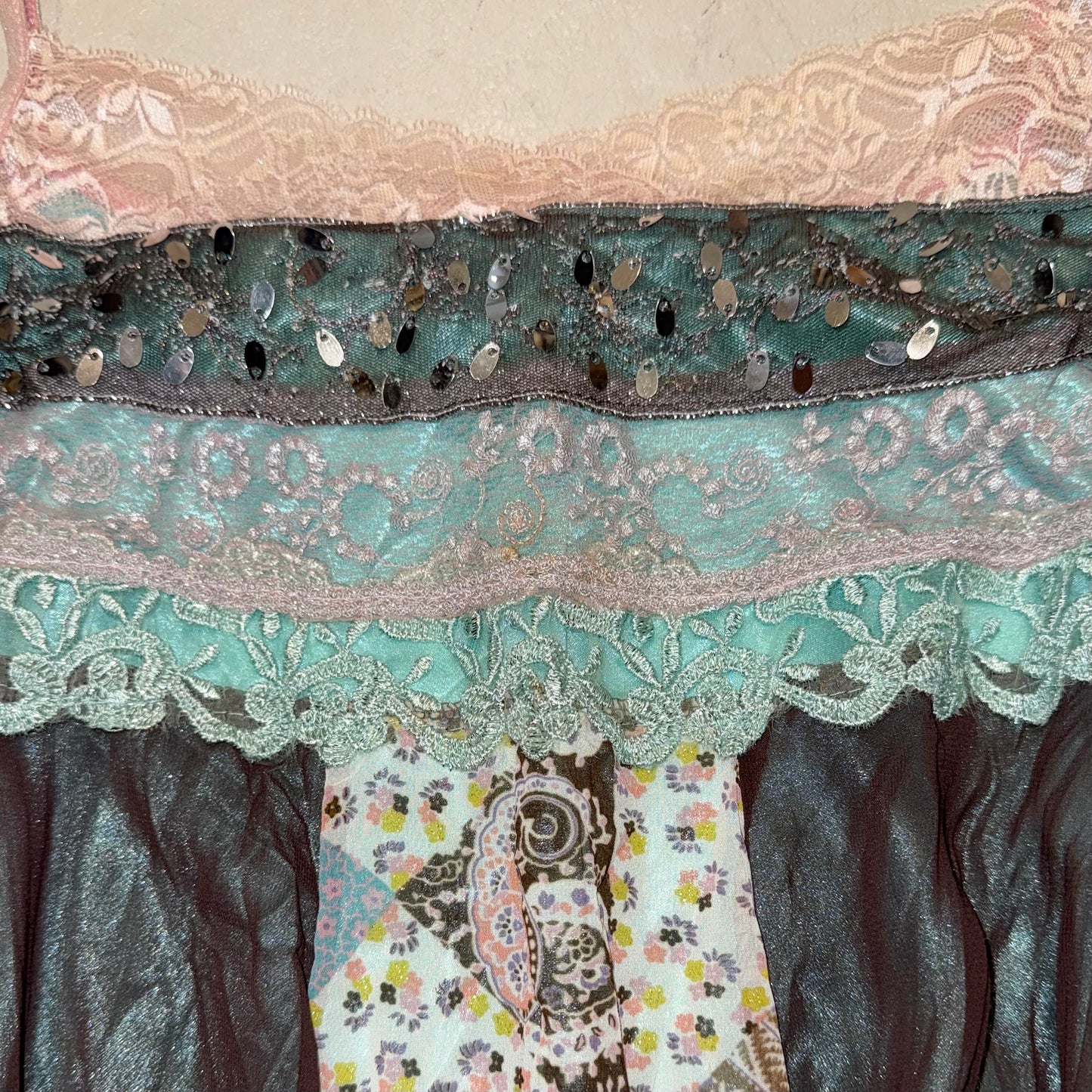 Tiffany blue brown lace embroidered patchwork tank