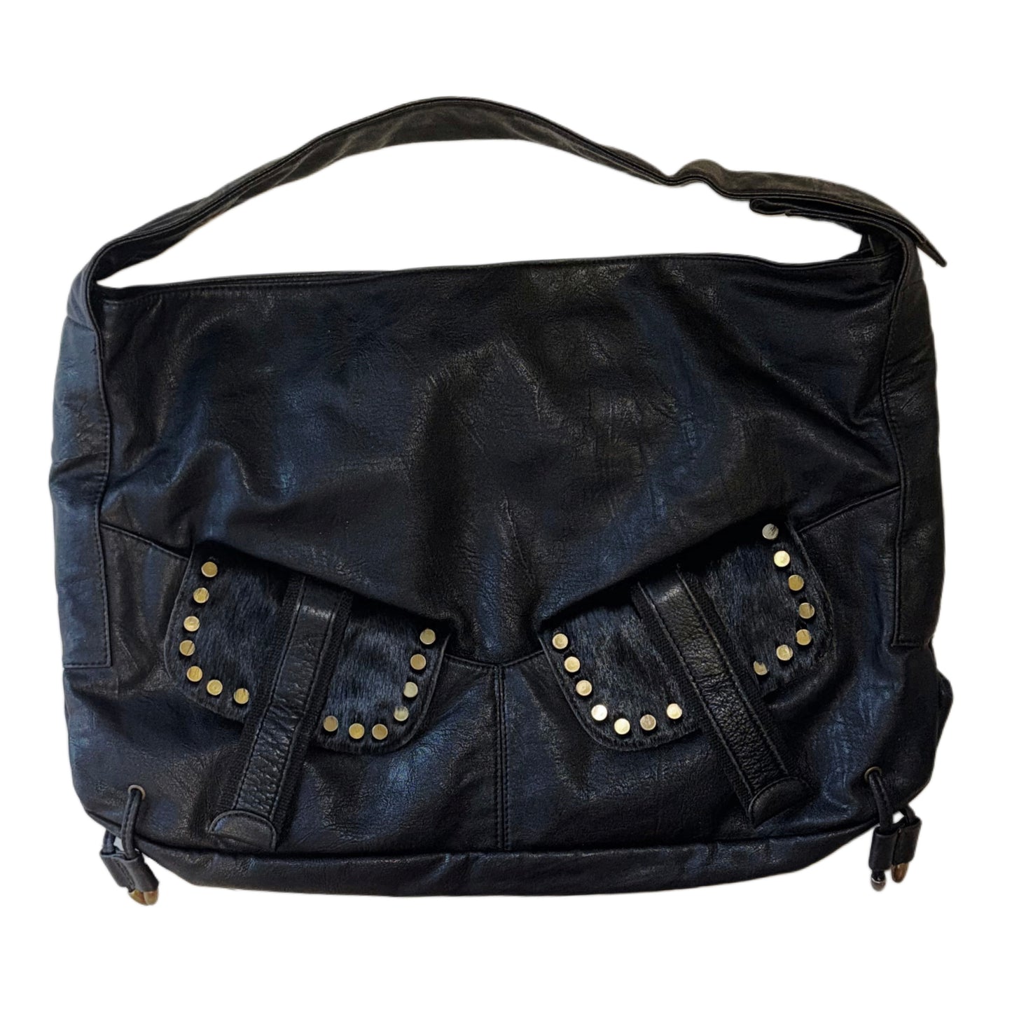 Black leather fur pocket shoulder bag