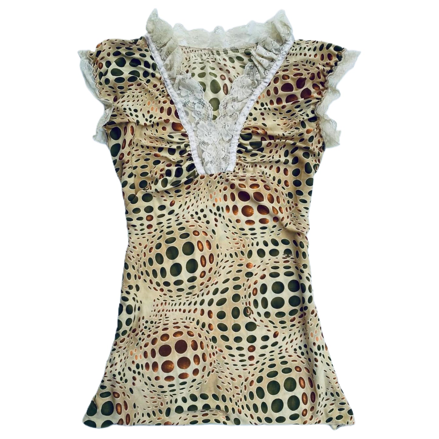 Brown dots lace trim top