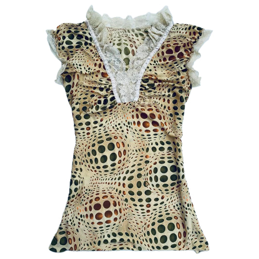 Brown dots lace trim top