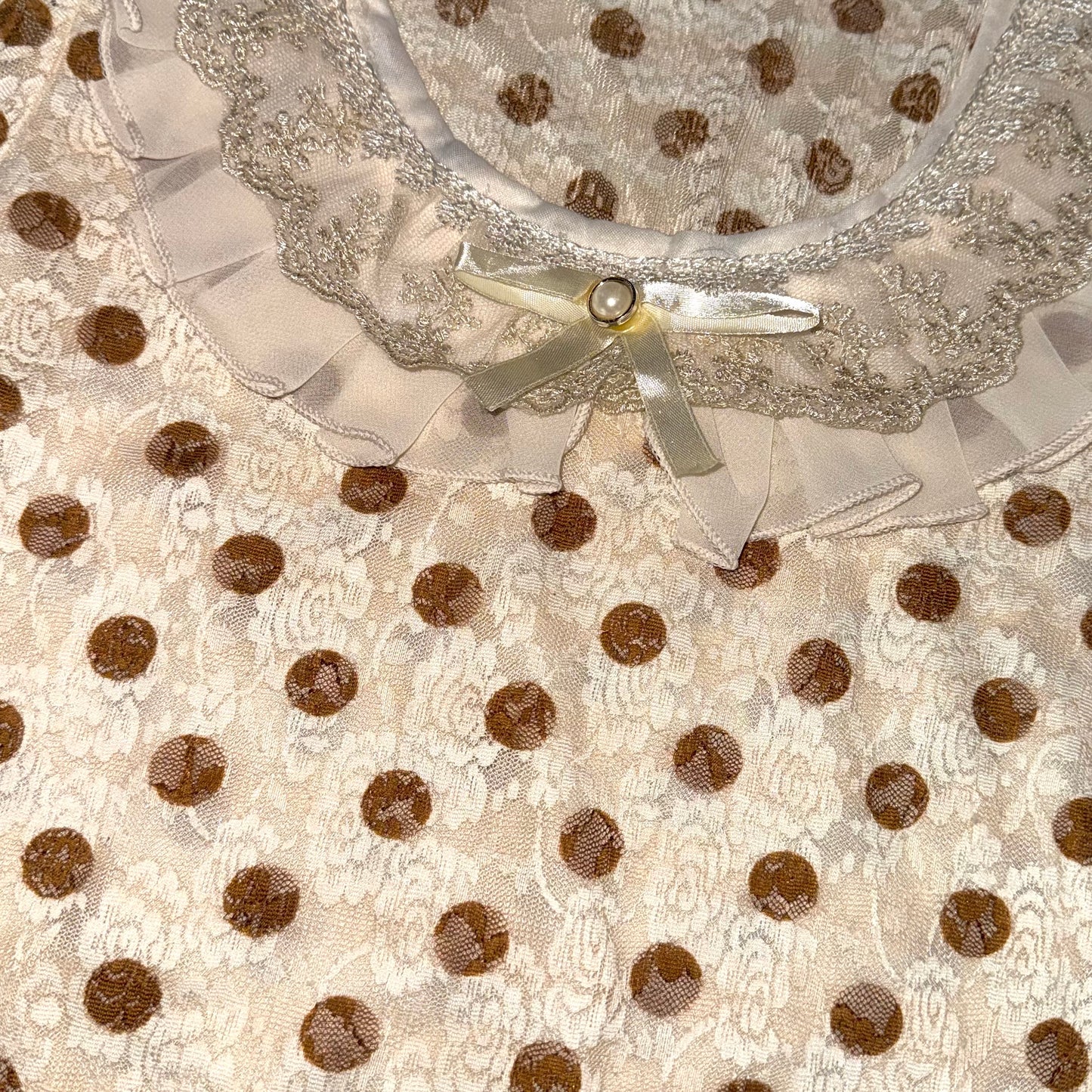 Cream polka dot lace top with lace collar