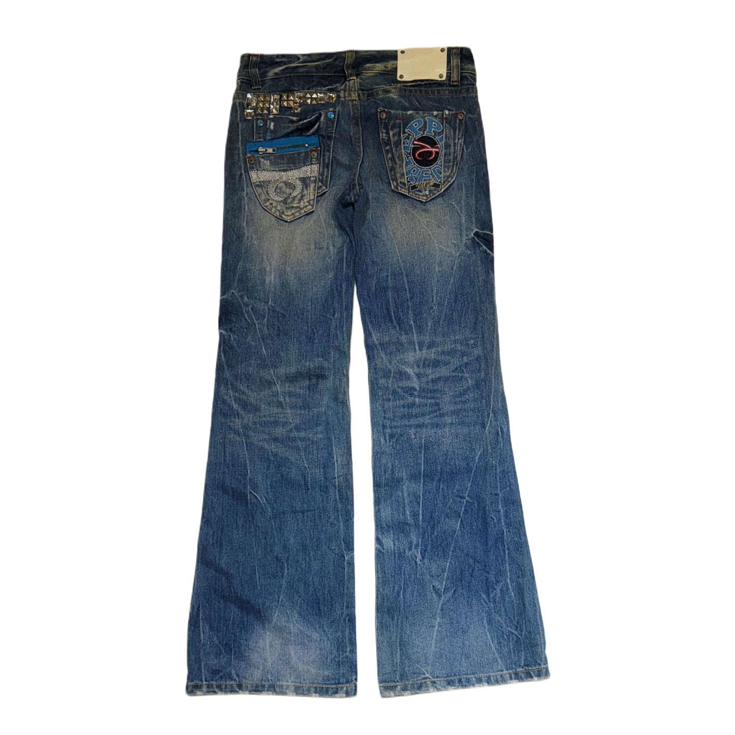 Red pepper embroidered low rise bootcut jeans