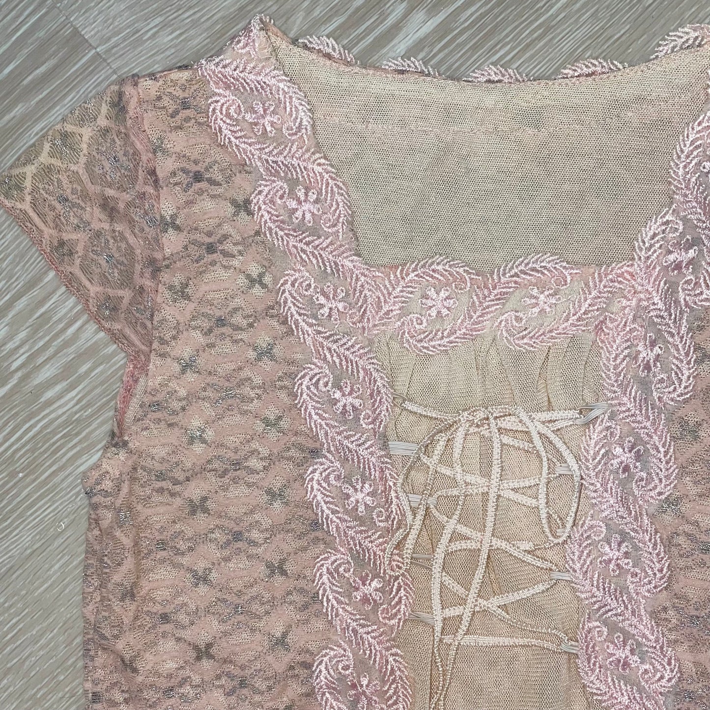 Pink lace glittering beige top