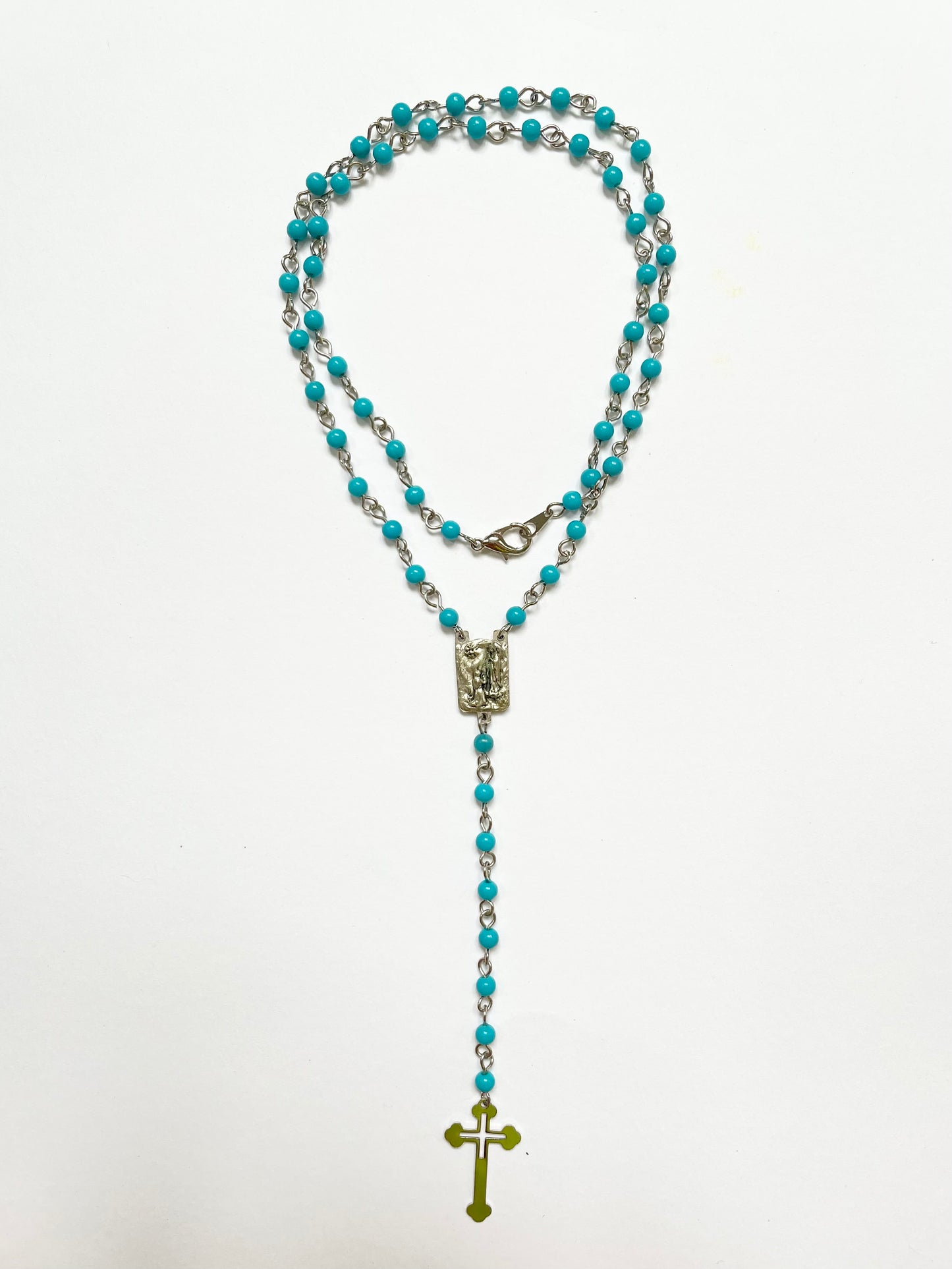 Baby blue beads cross long necklace