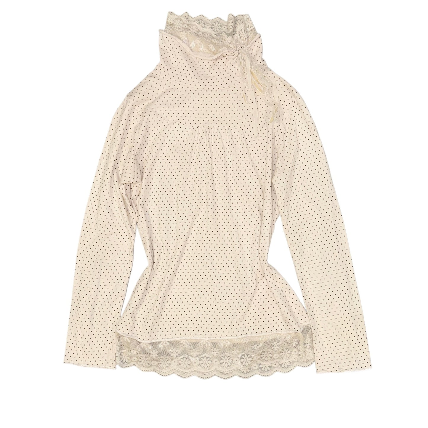 Beige polka dot lace turtle neck long sleeve