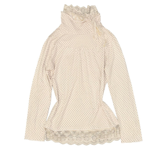 Beige polka dot lace turtle neck long sleeve