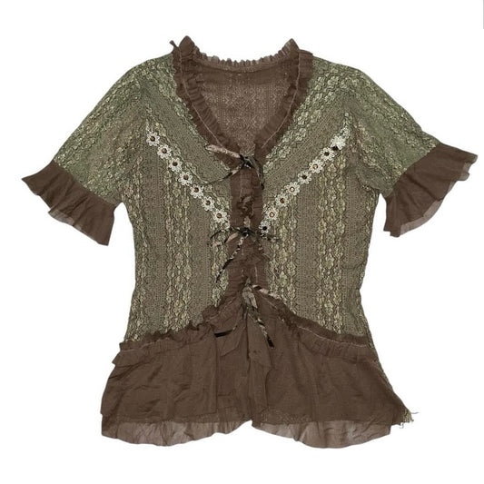 Brown mesh green lacy top