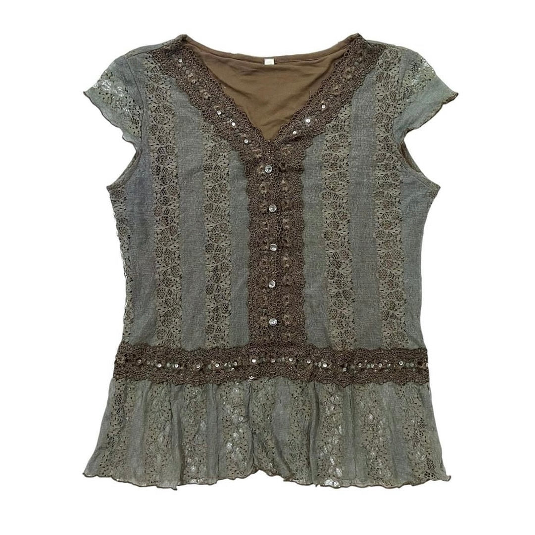 green n brown lace top