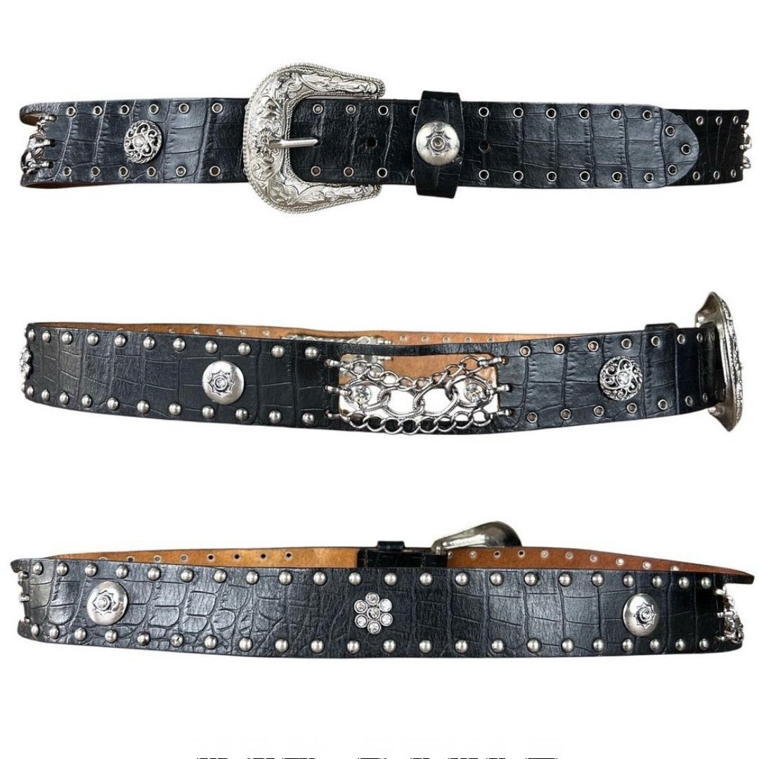 Rhinestone Leather belt with chains