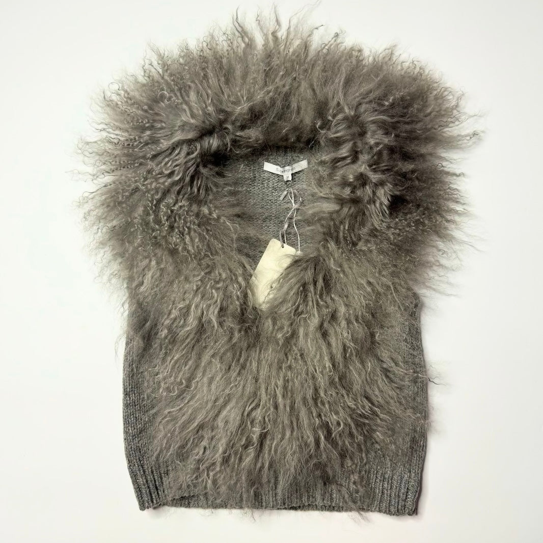 2ways Grey knit vest with removable  furry collar